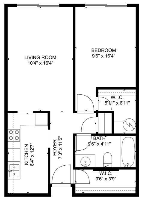 A floor plan of a small apartment with a living room, bedroom, kitchen, and bathroom.